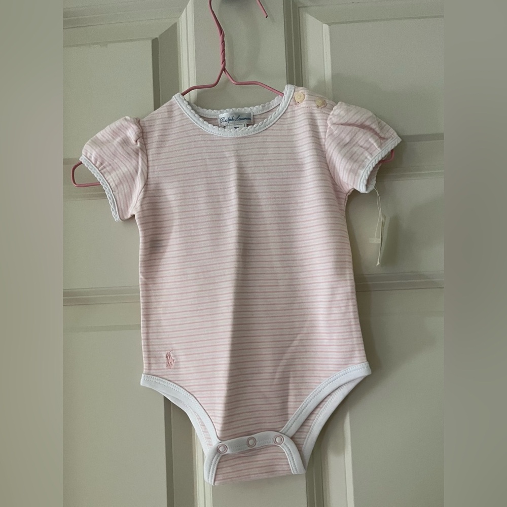 NWT Girls Ralph Lauren pink & white striped onesie, 9M